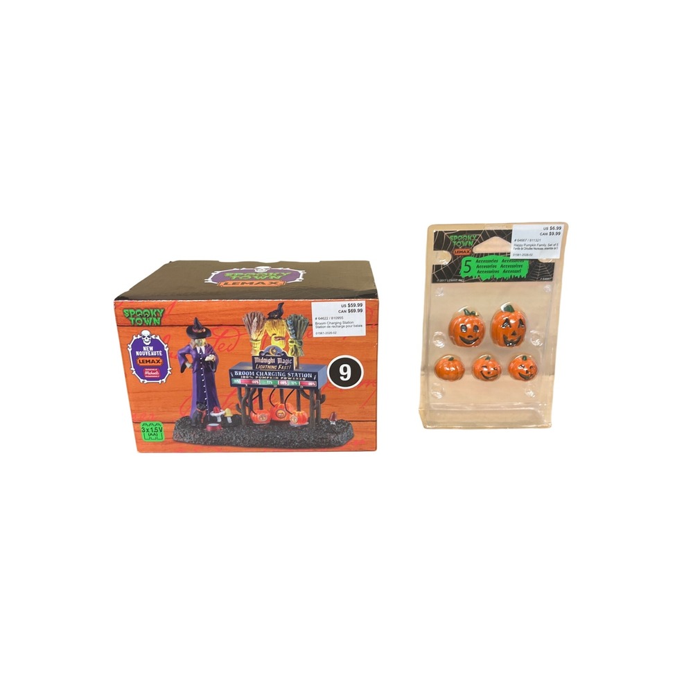 Lemax Spooky Town Broom Charging Station/Pumpkin Family NIB Halloween Decor Set